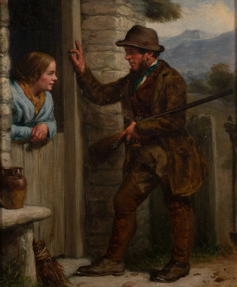 GAMEKEEPER'S COURTSHIP by William Bramley, oil on canvas, offered Apr 2023