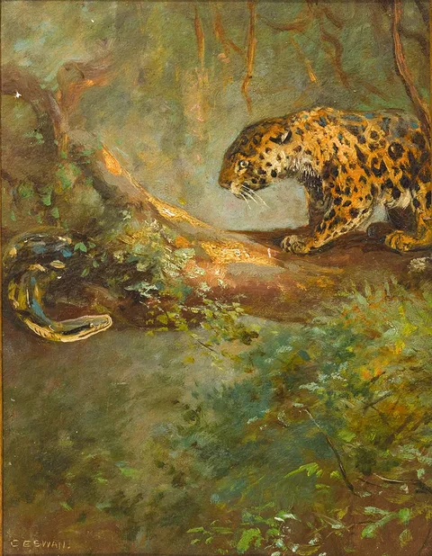 Cuthbert Edmund Swan, LEOPARD AND PYTHON, oil on board