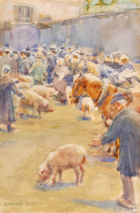 Norman Garstin, FAIR SCENE WITH CATTLE AND PIGS, watercolour