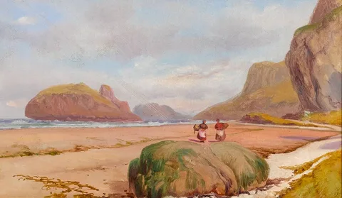 James Mahony, COCKLE PICKERS and MAN WITH CART ALONG THE SHORE (A PAIR), oil on board; (2)
