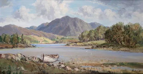Rowland Hill, LAKE SCENE WITH ROWING BOAT, oil on canvas