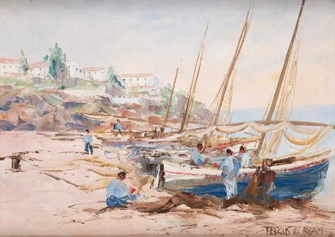 Fergus O'Ryan, PREPARING NETS, oil on canvas laid on board