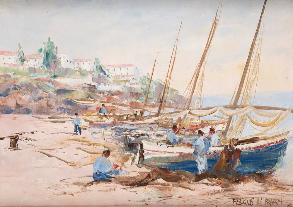 Fergus O'Ryan, PREPARING NETS, oil on canvas laid on board