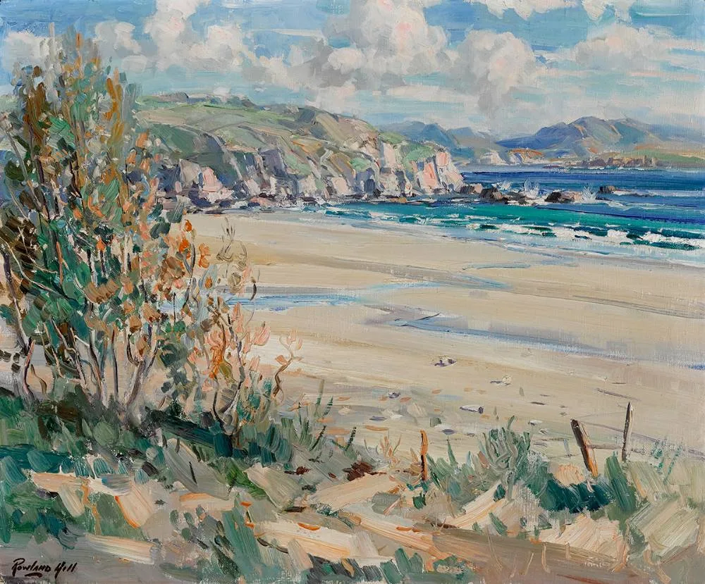 COASTAL SCENE by Rowland Hill, oil on canvas, offered Apr 2023