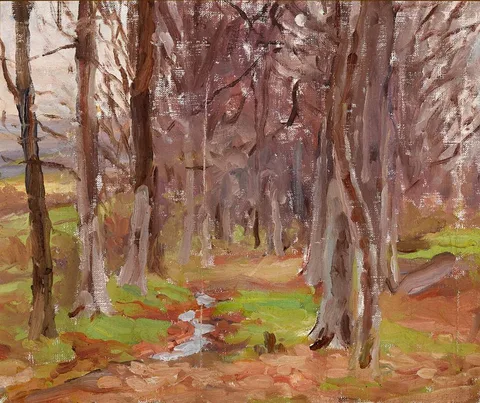 TREES IN RATHFARNHAM by Estella Solomons, oil on board, offered Apr 2023