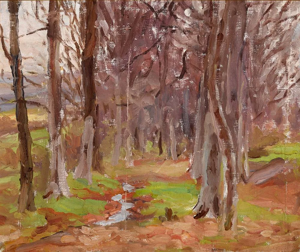 TREES IN RATHFARNHAM by Estella Solomons, oil on board, offered Apr 2023