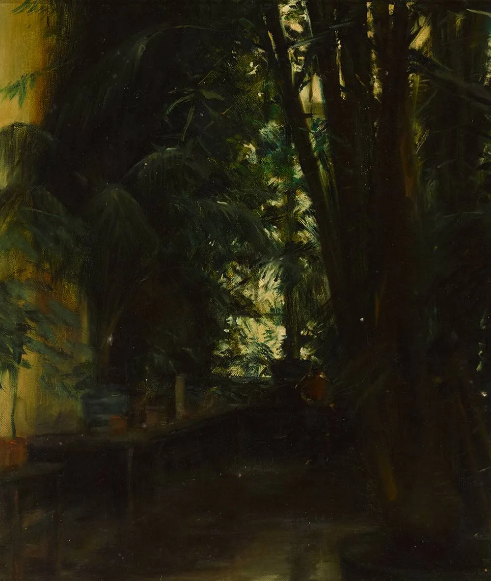 THE PALM HOUSE by Thomas Ryan, 1982, oil on board, sold Apr 2023