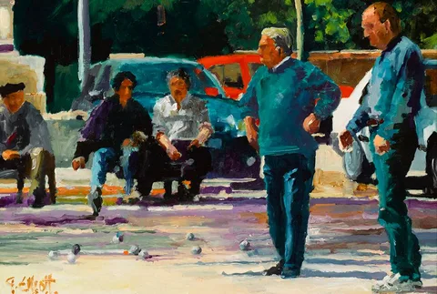 Graham Elliott, THE BOULES PLAYERS, FRANCE, oil on panel