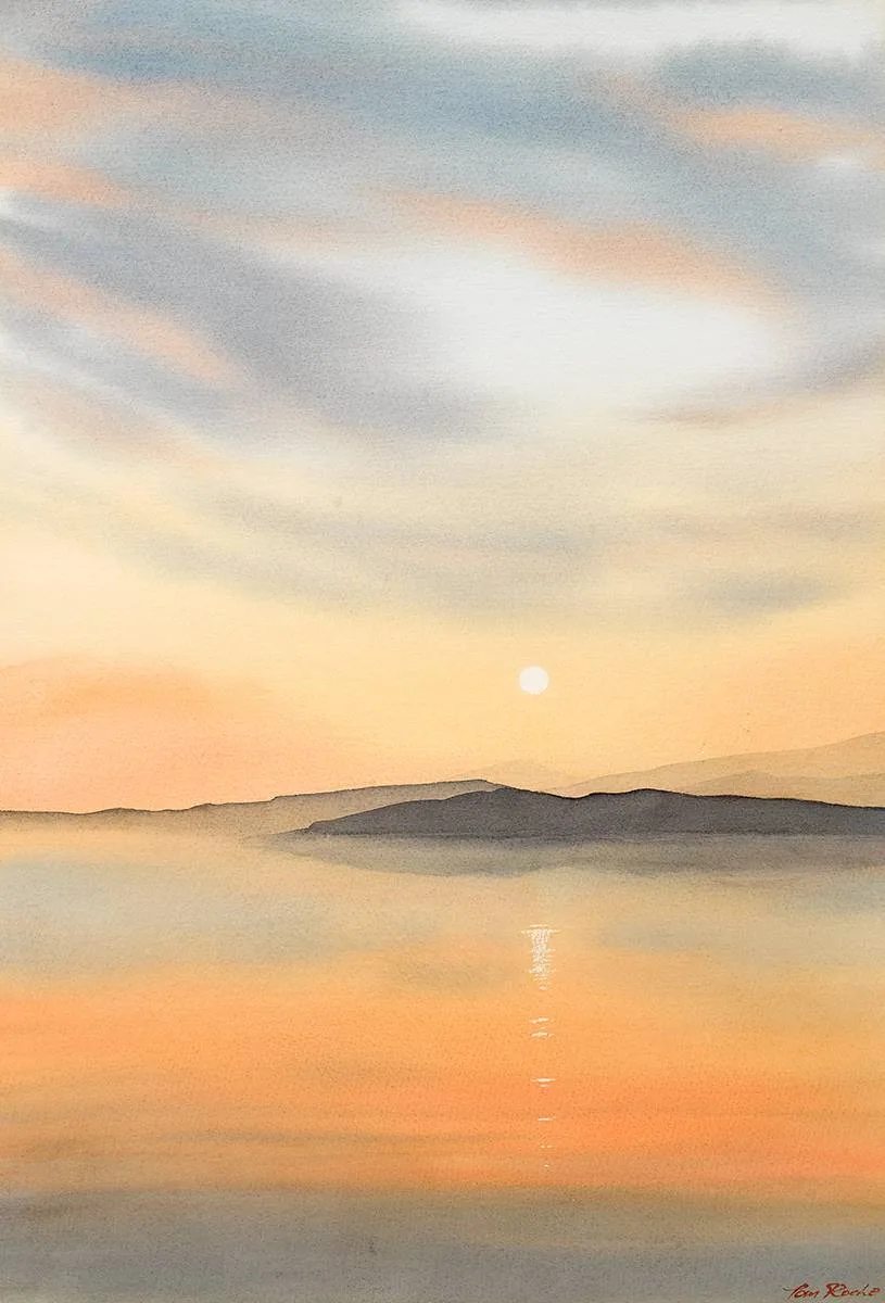 SUNSET SCENE by Tom Roche, watercolour heightened with white, sold Apr 2023