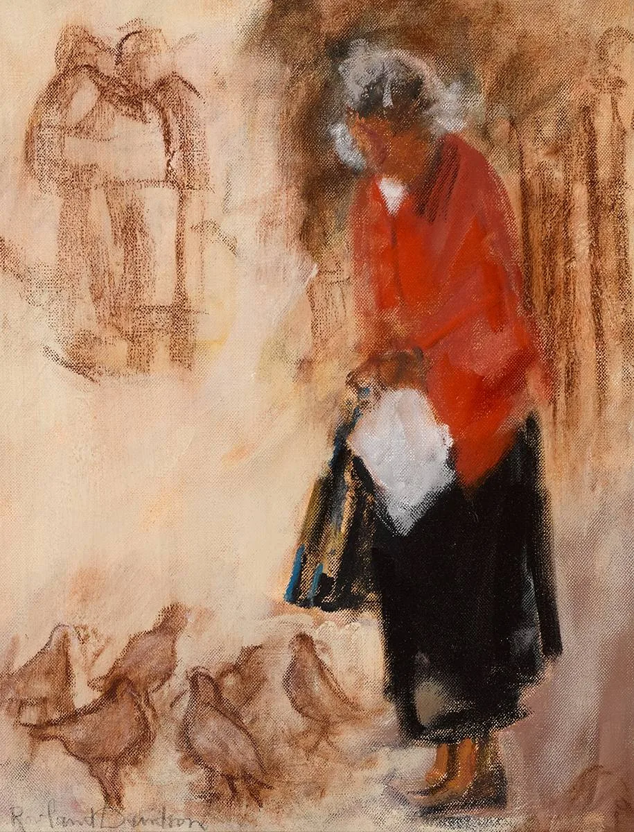 FIGURES WITH PIGEONS by Rowland Davidson, oil on canvas, offered Apr 2023
