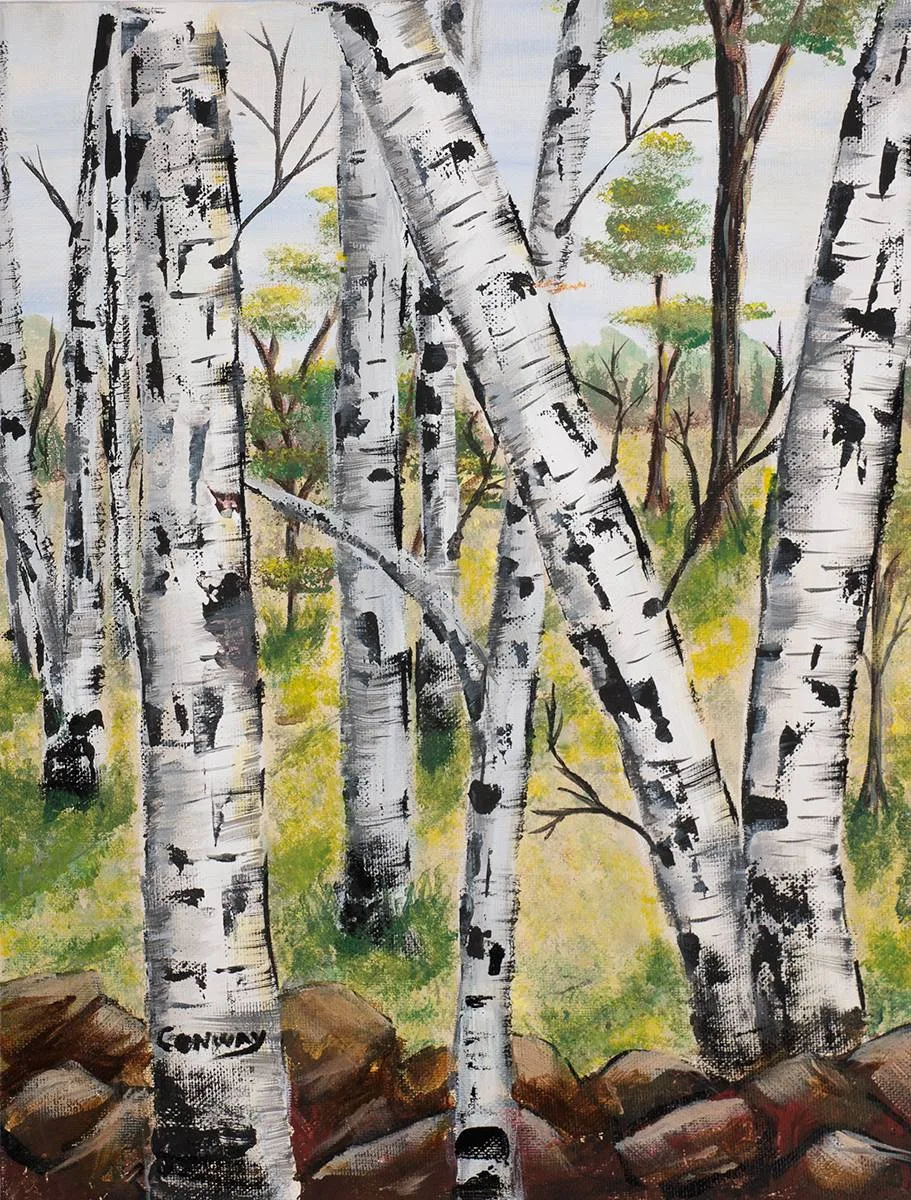 SILVER BIRCHES by Eugene Conway, oil on canvas board; (unframed), offered Apr 2023