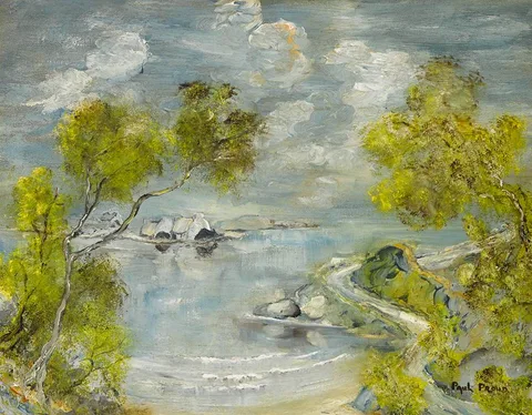 Paul Proud, RIVER SCENE WITH COTTAGES, oil on canvas