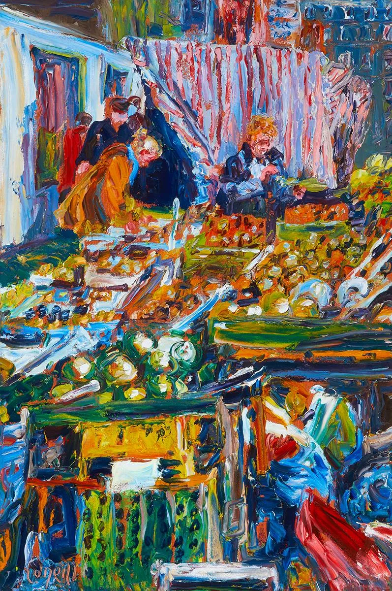 THE VEGETABLE MARKET by Liam O'Neill, oil on canvas, sold Mar 2023