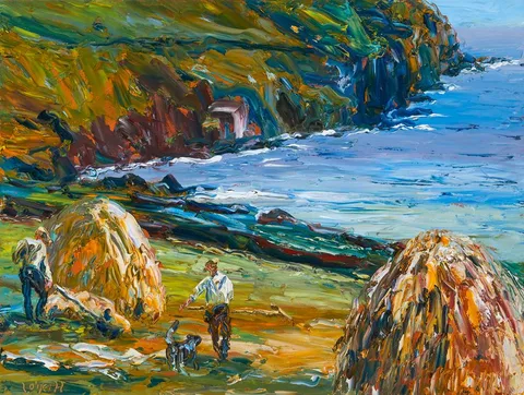 COLLECTING HAY BY THE COAST by Liam O'Neill, oil on canvas, sold Mar 2023