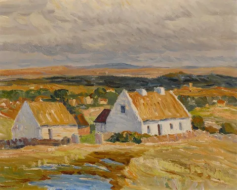 COTTAGES, WEST OF IRELAND by Charles Vincent Lamb, oil on canvas, sold Mar 2023