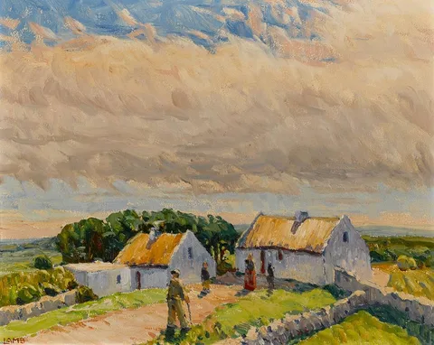 FIGURES AND COTTAGES, WEST OF IRELAND by Charles Vincent Lamb, oil on board, sold Mar 2023