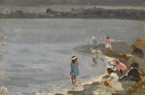 William John Leech, PLAYING BY THE SHORE, oil on canvas board