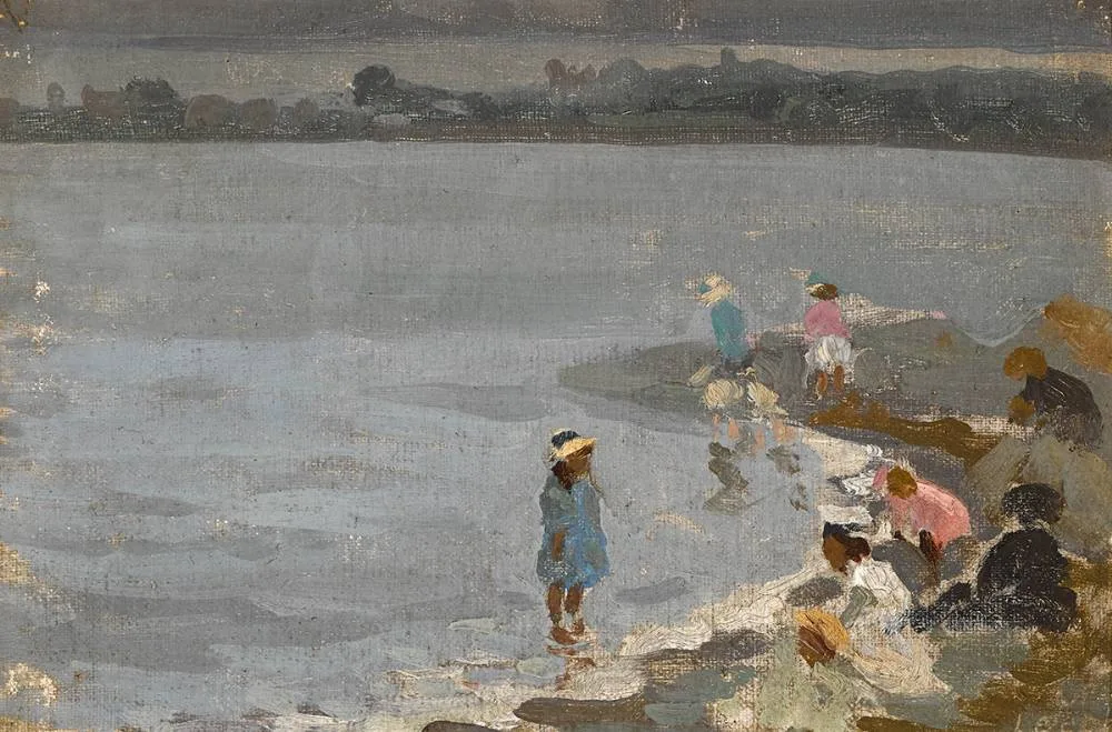 PLAYING BY THE SHORE by William John Leech, oil on canvas board, sold Mar 2023