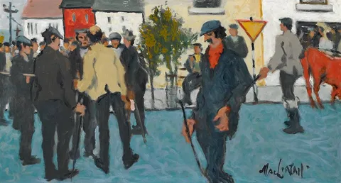 THE END OF THE FAIR, CONNEMARA by Maurice MacGonigal, 1974, oil on board, sold Mar 2023