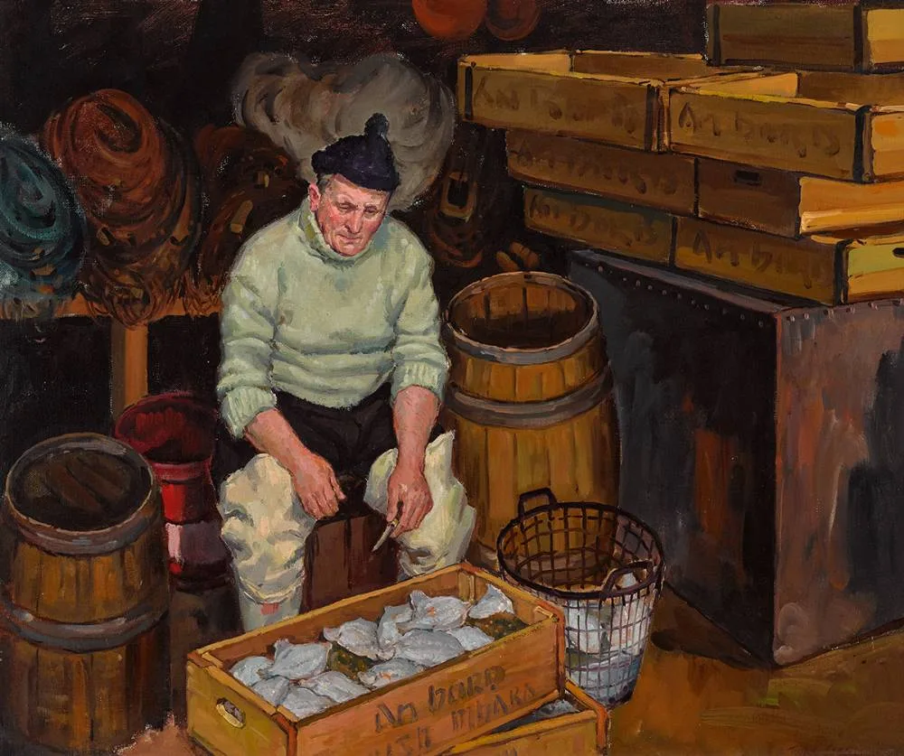 GUTTING PLAICE by Robert Taylor Carson, oil on canvas, sold Mar 2023