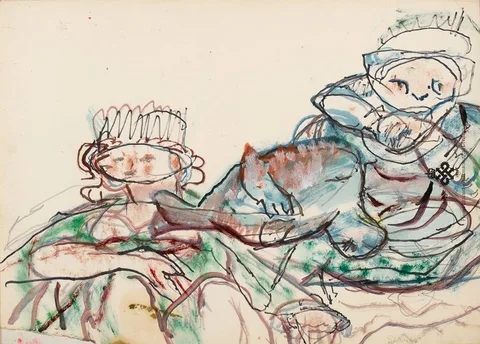 KING AND QUEEN and SELF-PORTRAIT WITH PAINT TUBE by Mary Swanzy, c.1976, mixed media with oil on paper; (works on obverse and reverse), sold Mar 2023