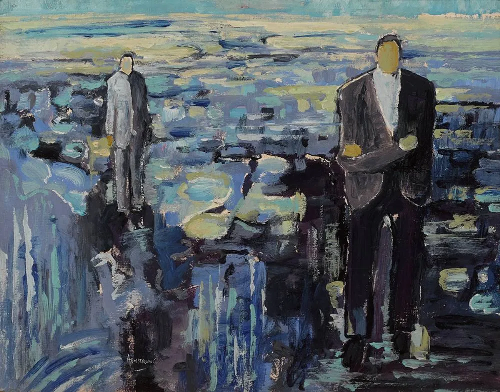 FIGURES IN A LANDSCAPE by Arthur Armstrong, oil on board, offered Mar 2023