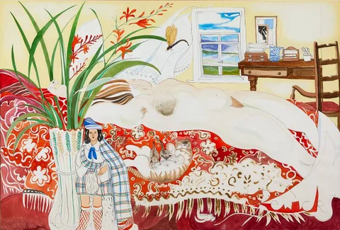 Pauline Bewick, DRAGONFLY, CATS AND WOMAN, 1979, watercolour and ink