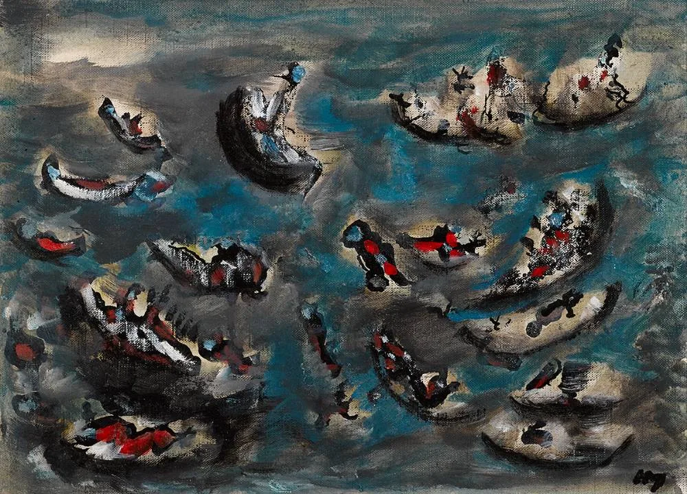 COMPOSITION by Henri Michaux, oil on canvas board, offered Mar 2023