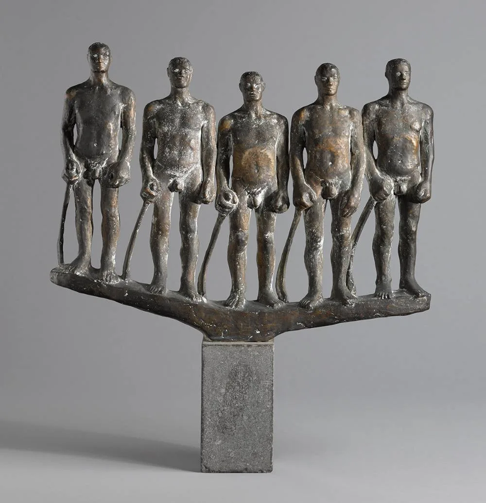 James McKenna, HURLERS, bronze with brown patina on a slate base; (unique)