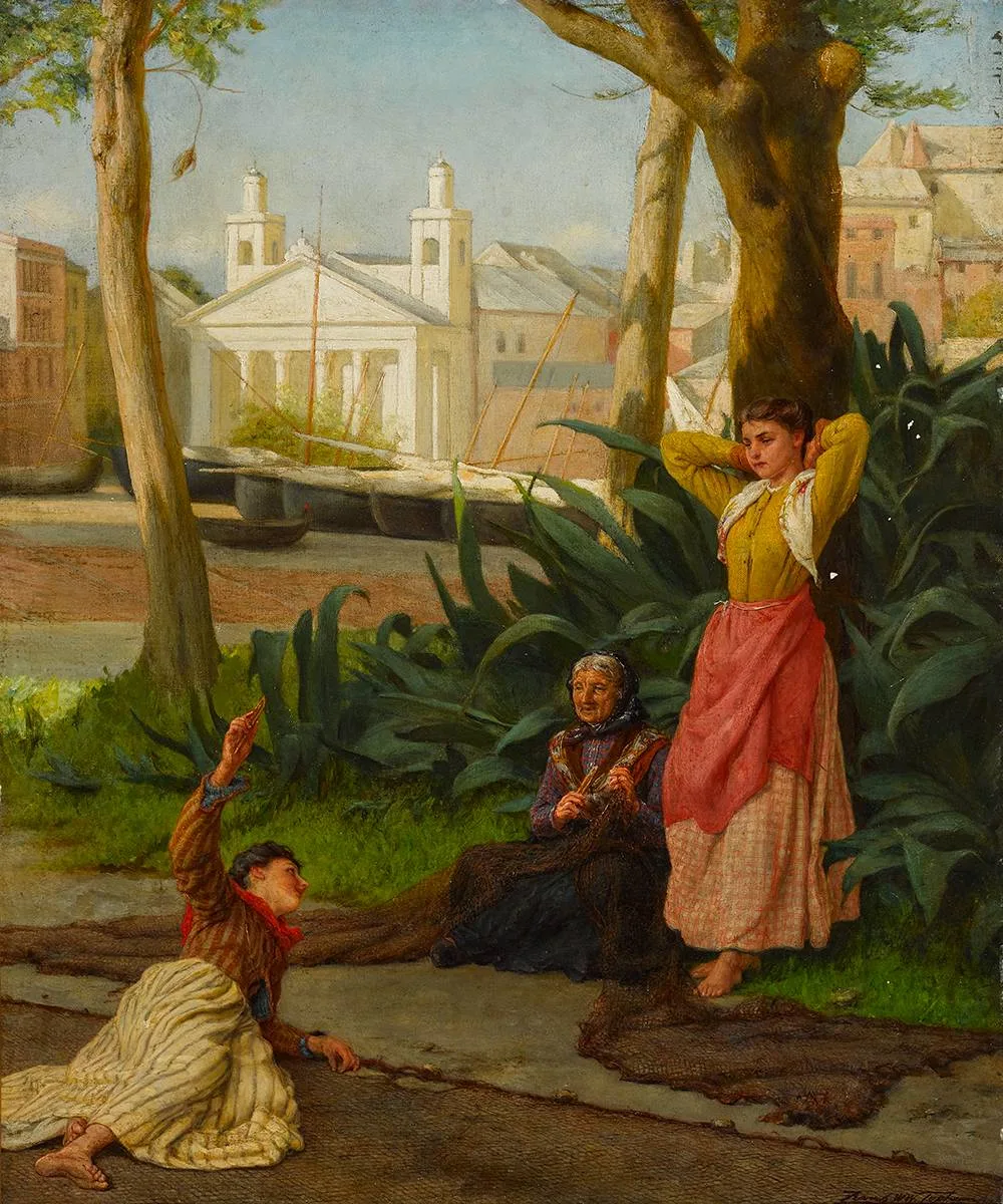 MENDING NETS by Frank William Warwick Topham, oil on canvas, offered Mar 2023