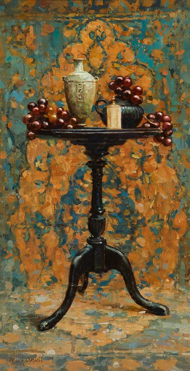 STILL LIFE WITH TABLE by Mark O'Neill, 1998, oil on board, sold Mar 2023