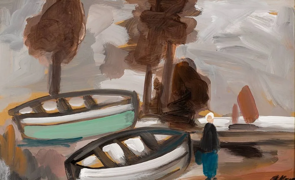 MOORED BOATS by Markey Robinson, gouache, sold Mar 2023
