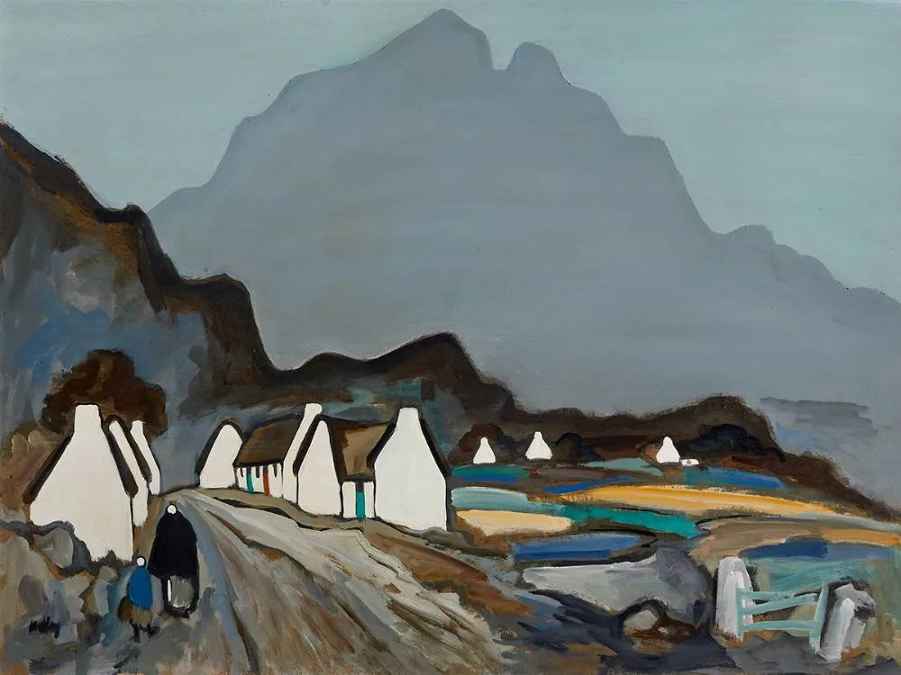 TWO FIGURES BEFORE A VILLAGE by Markey Robinson, gouache, sold Mar 2023