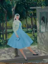 Patrick Leonard, WOMAN IN A BLUE DRESS LEANING BY A TREE, c.1960s