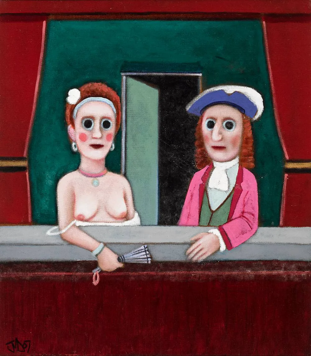 COUPLE ON A BALCONY by Jack Donovan, 2007, oil on board, sold Mar 2023