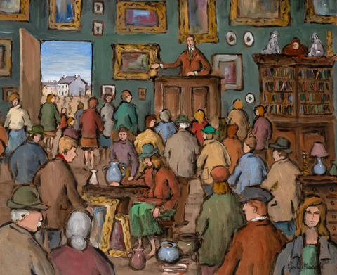 Gladys Maccabe, THE AUCTION, oil on board