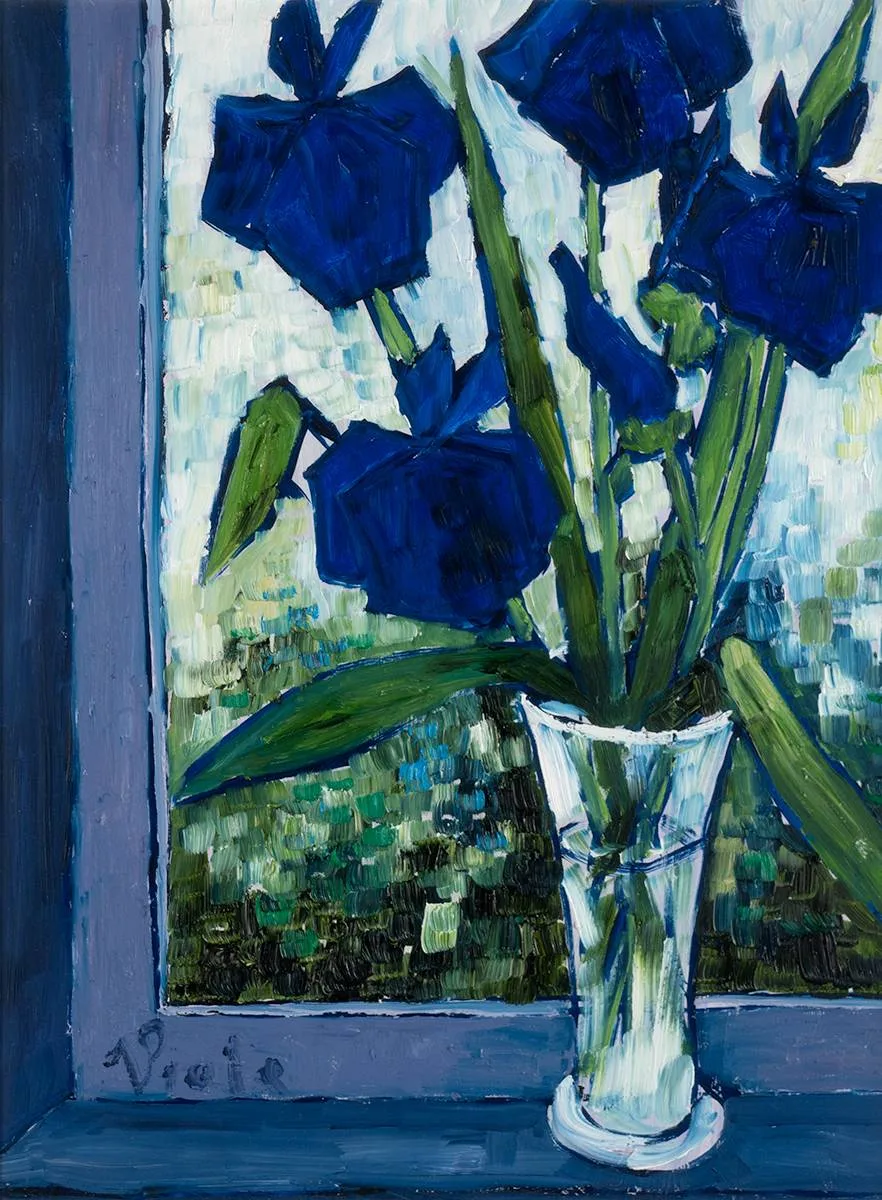 BLUE IRISES by Patrick Viale, oil on board, sold Dec 2022