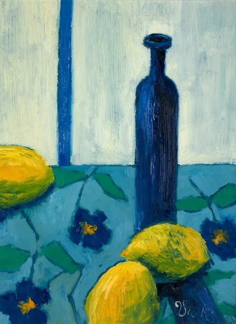 Patrick Viale, LEMONS AND BLUE BOTTLE, 2007, oil on board