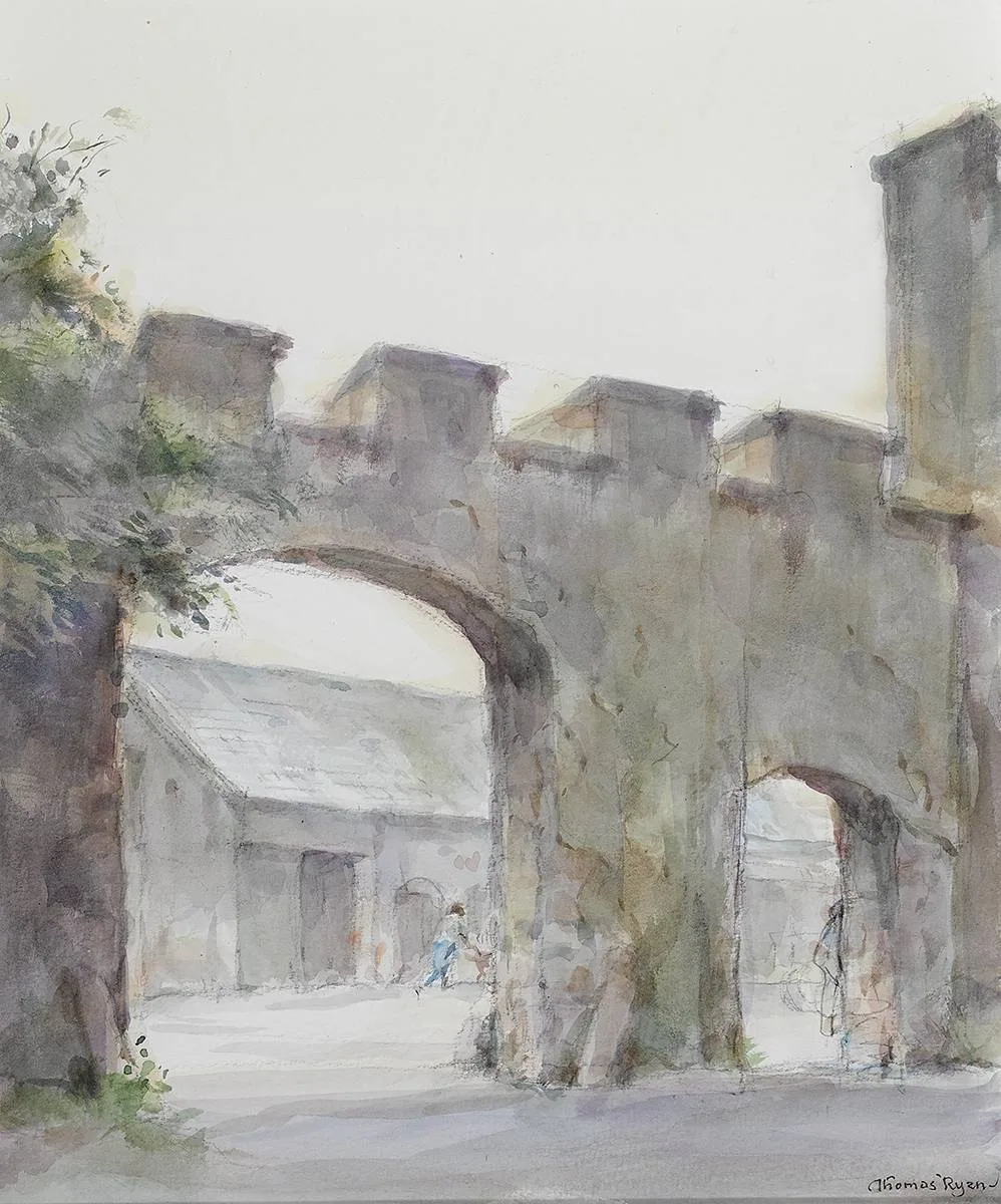 THE CASTLE FARMYARD by Thomas Ryan, watercolour and pencil, offered Dec 2022