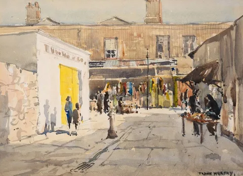 Frank Murphy, MARKET OFF MOORE STREET, DUBLIN, 1958, watercolour