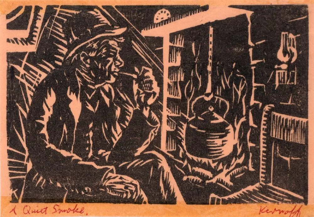 A QUIET SMOKE by Harry Kernoff, woodcut, sold Dec 2022