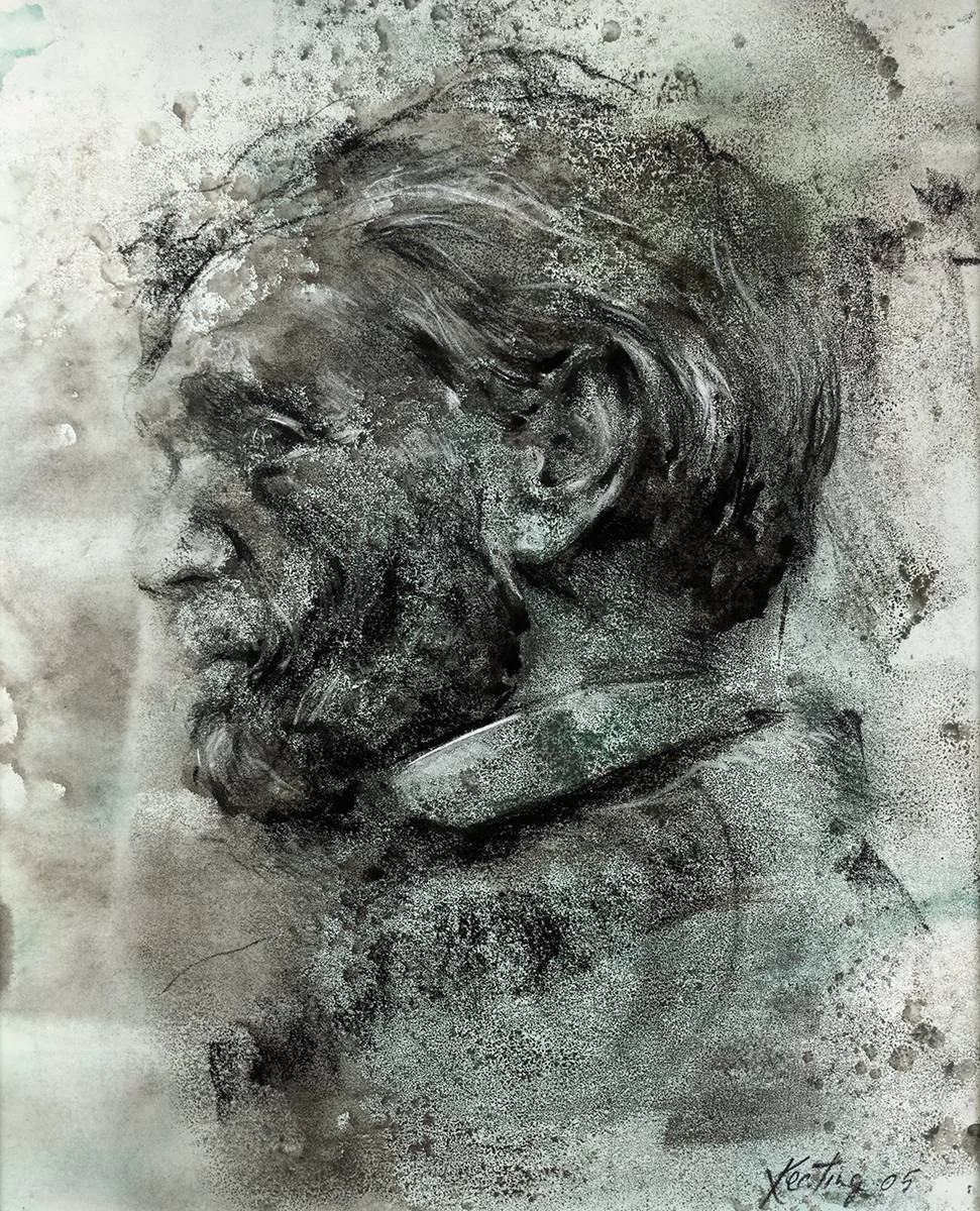HEAD IMPRINT by John Keating, 2005, charcoal and wash, sold Dec 2022