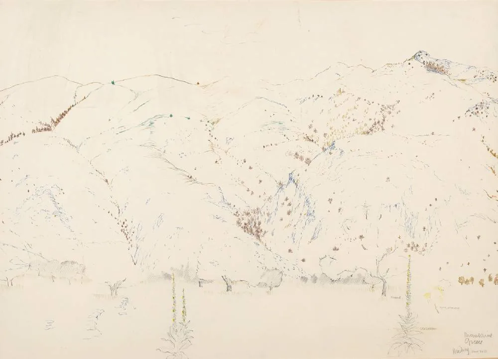 MOUNTAIN, GREECE by Patrick Hickey, 1975, coloured pencil, offered Dec 2022