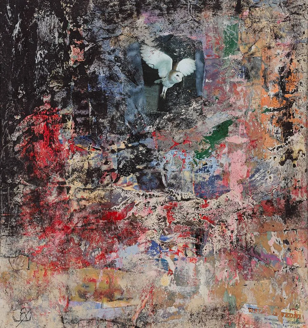 UNTITLED (BARN OWL) by John Kingerlee, oil and collage element, sold Dec 2022