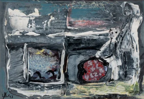 ABSTRACT WITH FIGURE by John Kingerlee, 1993, oil on board, sold Dec 2022