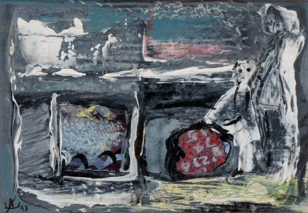 ABSTRACT WITH FIGURE by John Kingerlee, 1993, oil on board, sold Dec 2022