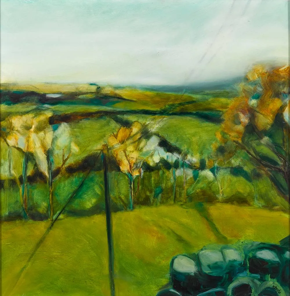 ROUND BALES, OCTOBER, CAVAN by Michelle Boyle, 2007, oil on panel, offered Dec 2022