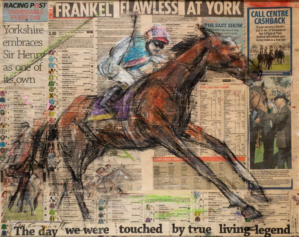 Con Campbell, FRANKEL FLAWLESS AT YORK, pastel and collage on newspaper