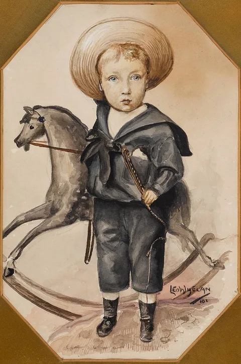 Leo Whelan, A LITTLE BOY WITH A ROCKING HORSE, 1901, watercolour, pencil, pen and ink