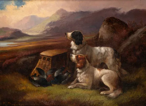 Robert Cleminson, GUN DOGS RESTING AFTER HUNT, oil on canvas